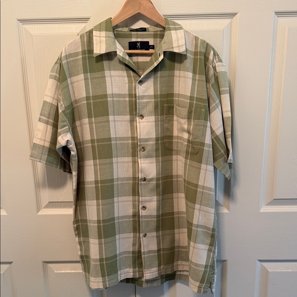 Men's Browning Super Natural Green Plaid Short Sleeve Button Up Collared Shirt L